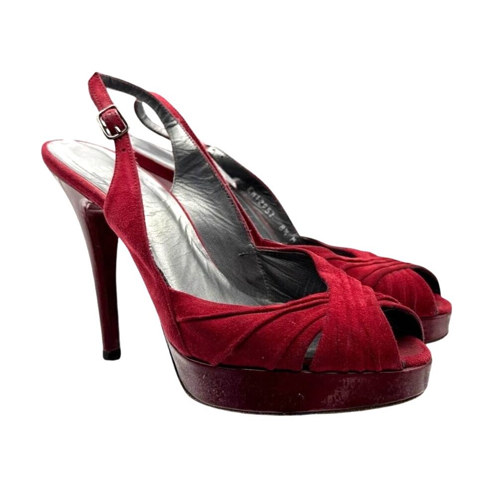 Stuart Weitzman Platform Slingback Peep-toe High Heels in Red Suede Size 8.5